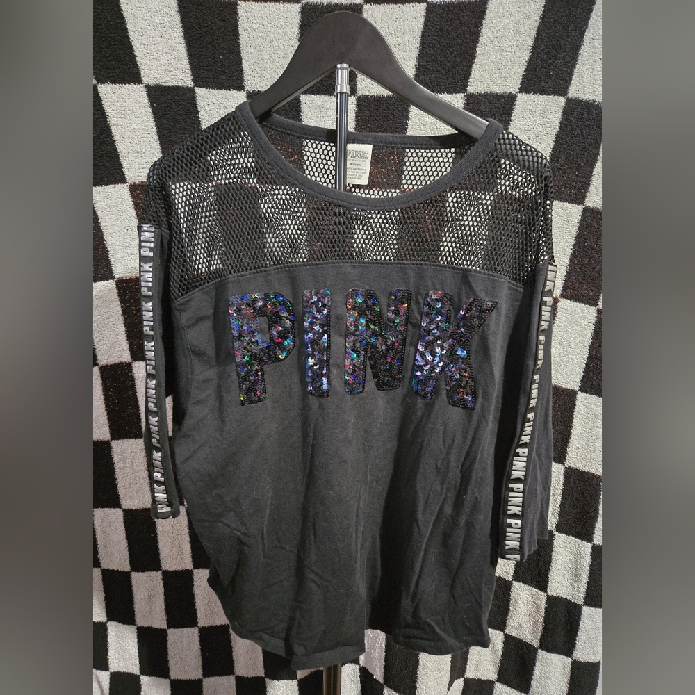 Victoria secret pink mesh top black with sequins pink design size medium